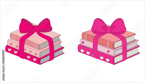 Two stacks of pink books tied with a bright pink bow and ribbon on a white background stack of books