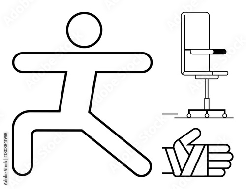 Stick figure performing yoga, ergonomic office chair, and hand with wrist support. Ideal for health, fitness, workplace ergonomics, stress relief, wellness, injury prevention simple flat metaphor