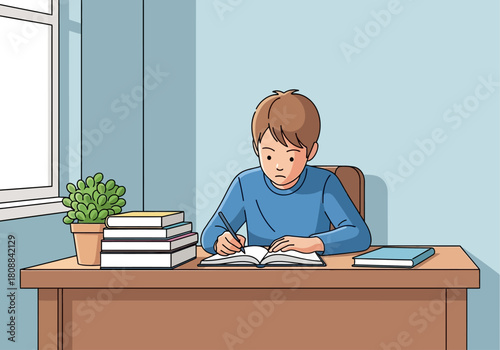 A young boy diligently studies, writing in a book at his desk, focused on his work.