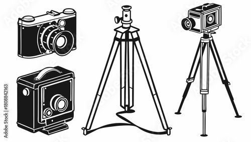 Vintage Photography Cameras Tripods Black White Illustration Retro Classic Photo Equipment Design Element