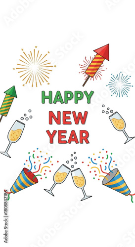 Joyful New Year Celebration with Fireworks and Toasting Glasses.