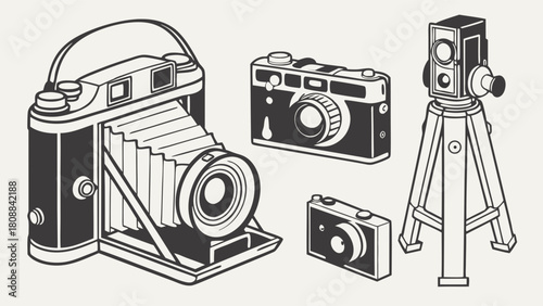 Vintage Photography Cameras and Tripod Vector Illustration Retro Film Equipment for Creative Design Nostalgic Projects and Educational Content