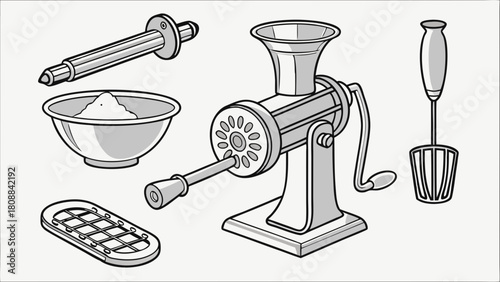 Traditional Kitchen Tools for Homemade Food Preparation. Manual Grinder, Whisk, Masher, Dumpling Press. Cooking and Baking Utensils.