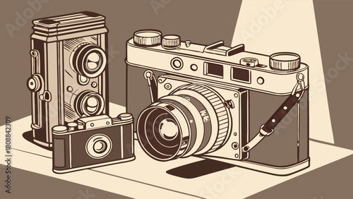 Retro Vintage Film Cameras Illustration. Classic Photography Gear for Creative Design, Hobbyists, and Nostalgic Art.
