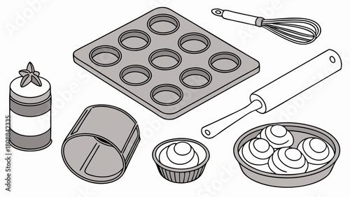 Baking Tools and Ingredients Isometric Line Art for Homemade Sweet Pastries Recipes Kitchen Design and Food Blogs