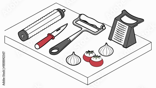 Isometric Kitchen Utensils Grater Peeler Knife and Fresh Vegetables Tomatoes Onions on Cutting Board for Home Cooking Food Preparation