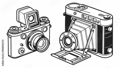 Vintage Film Cameras Line Art Illustration. Classic Retro Photography Equipment Drawing for Design, Marketing, and Nostalgic Content.