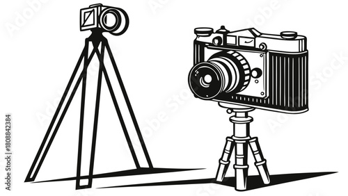 Classic Vintage Cameras on Tripods Black and White Illustration for Photography Studio Media Production and Creative Design