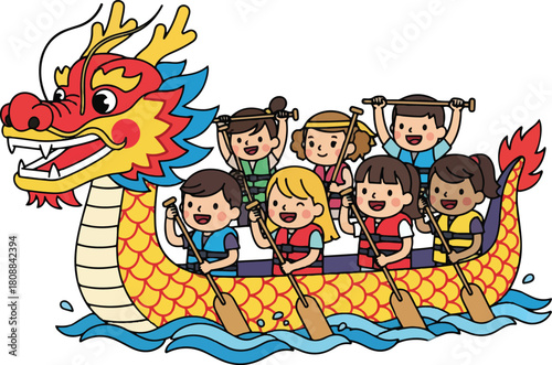 A flat vector cartoon illustration of a diverse group of happy children paddling a colorful, traditional Chinese dragon boat on wavy blue water.