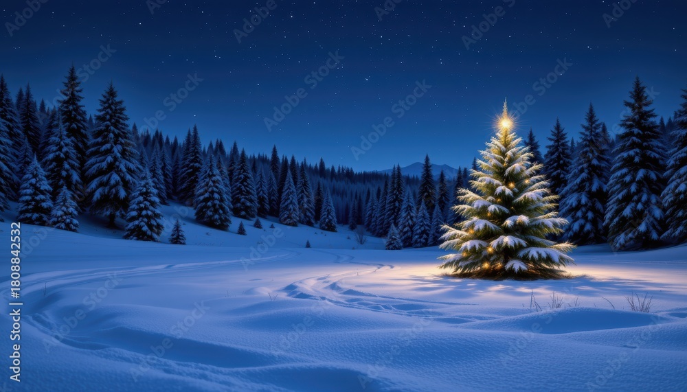 Naklejka premium Illuminated Christmas Tree Surrounded by Snowy Evergreens Under a Starry Night Sky
