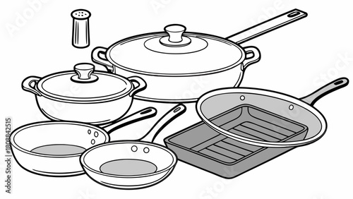 Essential Kitchen Cookware Set. Pots, Pans, and Grill Pan for Home Cooking, Food Preparation, and Healthy Meal Creation.