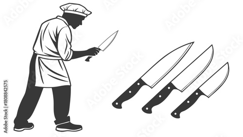 Professional Chef Holding Sharp Kitchen Knife and Cutlery Set. Culinary Expert Focused on Food Preparation with Precision and Skill. Vector Art.