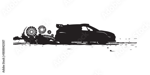 Rapidly moving vehicle leaving tire impressions in rally racing

