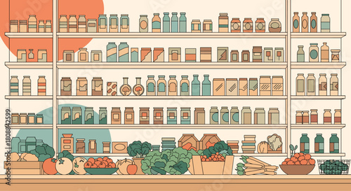 A colorful illustration of a grocery store interior featuring full shelves stocked with various food products and fresh produce on display, with a warm and inviting atmosphere.