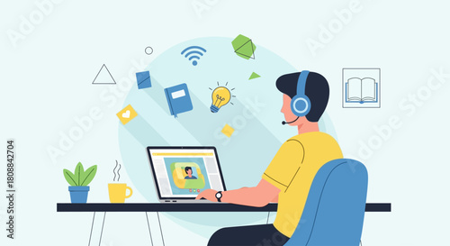 A man wearing a headset sits at a desk using a laptop for an online class or webinar, surrounded by educational icons.