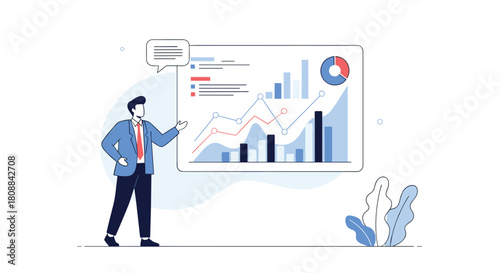 An illustration depicts a business professional presenting a data report with charts and graphs, showcasing analysis and strategic insight for business growth and performance.
