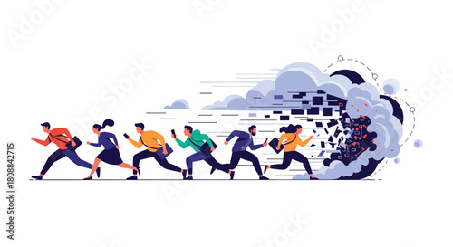 People running in a line towards a swirling cloud of digital data and fragmented particles, symbolizing the fast pace of technology.