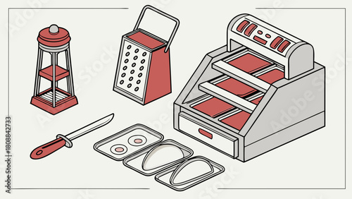 Isometric Commercial Kitchen Equipment. Modern Restaurant Food Service Display Case, Grater, Knife, and Trays for Professional Food Preparation and Business.