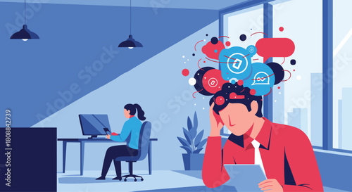 A frazzled man in an office struggles with mental overload while his oblivious colleague works calmly at her computer in the background.