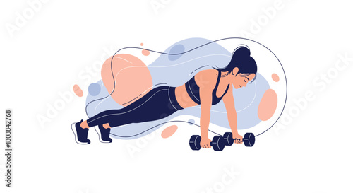 Fit young woman in athletic wear doing a dumbbell push-up exercise with a streamlined abstract background.