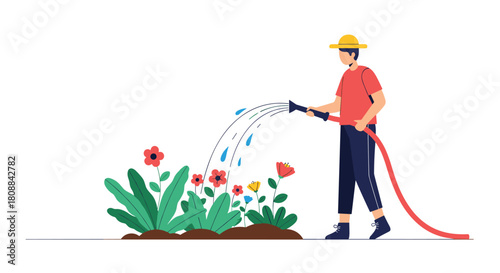 Gardener wearing a hat watering colorful flowers and plants in a garden with a red hose and a sprinkler.