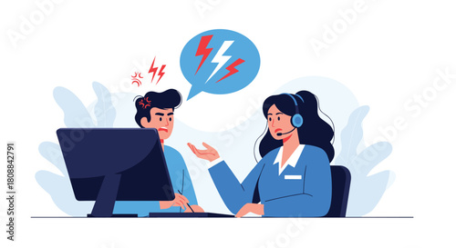 Frustrated customer yelling at a calm support agent while working on a computer, depicting a difficult customer service interaction.