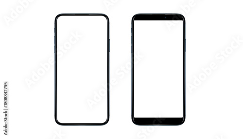 Two modern smartphone devices isolated on a dark background for mockup