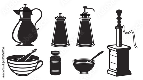Vintage Kitchenware and Household Items Silhouette Vector Collection for Retro Cafe Branding, Cooking Blogs, and Home Decor Design