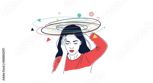 Woman with closed eyes experiencing dizziness or a headache, represented by colorful swirling lines and shapes around her head, in an illustration style with a white background.