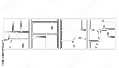 Four distinct comic book panel layouts with black outlines on a white background comic book layout storyboard