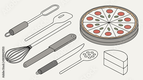 Isometric Kitchen Utensils Pizza and Cheese for Recipe Blogs Food Delivery and Home Cooking Culinary Design