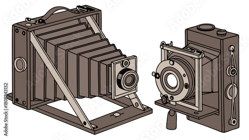 Vintage Folding And Box Cameras Illustration Retro Photography Equipment Classic Design Element Nostalgia History