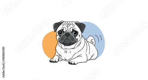Adorable cartoon white pug dog with a dark snout and ears, lying down with a wagging tail, against orange and blue circular backgrounds.