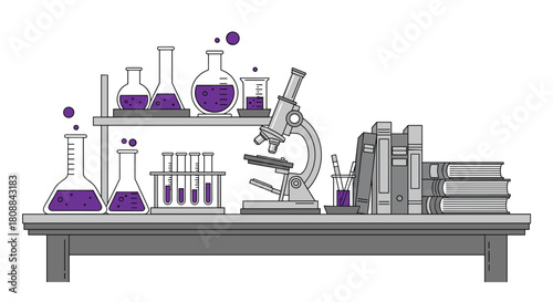 A stylized science lab desk with beakers, a microscope, books, and other equipment, featuring a clean, modern, and educational aesthetic for research illustration.