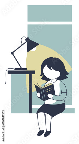 Woman reading a book by a lamp on a window sill, enjoying a quiet moment.