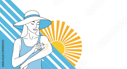 Woman in a sun hat applying sunscreen to her arm with a tube of sunscreen on a sunny day.