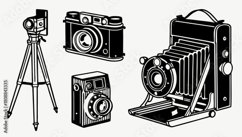 Vintage Photography Equipment Set Black and White Retro Style for Photo History and Creative Design