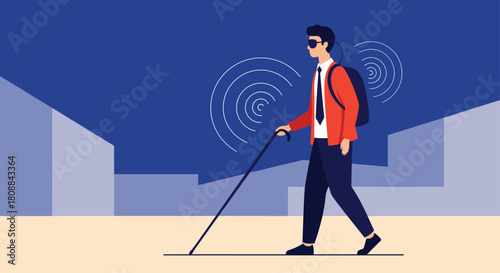 A visually impaired man equipped with smart glasses, a white cane, and a backpack featuring echolocation or sound-based navigation walks independently in a city.