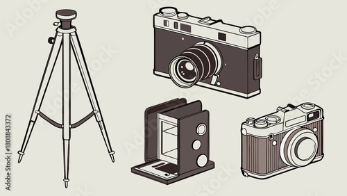 Vintage Photography Equipment Illustration with Classic Retro Cameras and Tripod for Creative Design Projects Nostalgic Media and Hobby Content