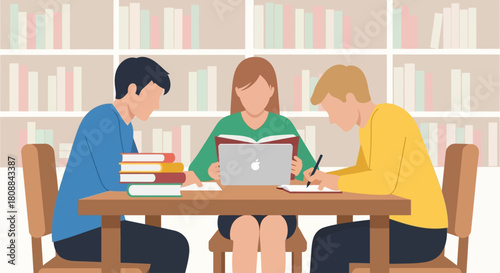 Three students studying together at a wooden table in a library setting, focused on their books.
