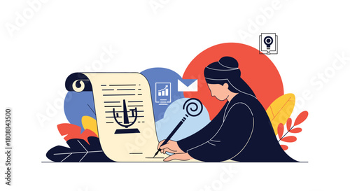 A stylized illustration depicts a judge or legal professional meticulously writing on a scroll containing scales of justice imagery, symbolizing law and order.