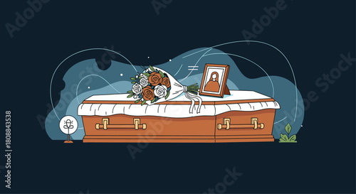 A somber scene depicting a casket adorned with flowers and a framed photograph, representing loss, grief, and remembrance during a funeral or memorial service.