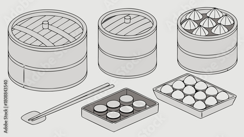 Isometric Dim Sum Steamer Set with Delicious Dumplings and Chopsticks. Traditional Asian Food Illustration for Restaurant Menu, Food Blog, and Web Design.