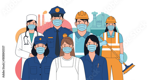 Diverse essential workers wearing face masks stand together, representing healthcare, public safety, construction, and sanitation during a public health crisis.