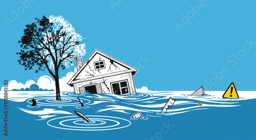 A natural disaster scene with a damaged house and a tree partially submerged in turbulent floodwaters, featuring floating debris and a cautionary warning sign.