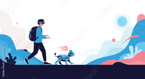 A person with a VR headset and backpack walks with their robotic dog through a vibrant, stylized landscape, symbolizing AI companionship and the immersive future.