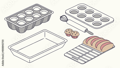 Freshly Baked Bread Muffins And Essential Baking Tools. Kitchen Cookware For Homemade Recipes, Food Blogs, And Culinary Content.