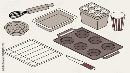 Isometric Baking Tools and Kitchen Utensils for Delicious Homemade Treats. Essential Bakeware for Creative Cooking, Pastry Recipes, and Food Blog Content.