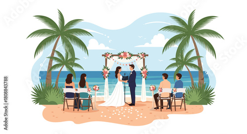 Beach wedding ceremony illustration featuring a couple exchanging vows with guests and palm trees on a sunny day.
