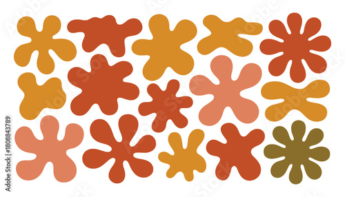 Organic blob shapes in warm earthy tones of orange brown and olive green scattered on a white background